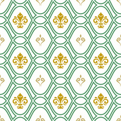 Seamless vector pattern. Modern geometric ornament with golden royal lilies. Classic vintage green and golden background