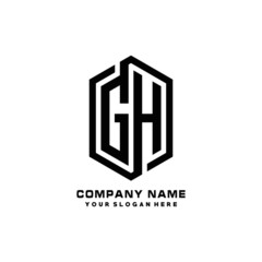 GH initials business abstract logo in the shape of a hexagon,.with a thick line connected around the letters