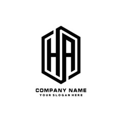 HA initials business abstract logo in the shape of a hexagon, with a thick line connected around the letters