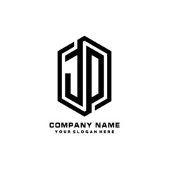 JD initials business abstract logo in the shape of a hexagon, with a thick line connected around the letters