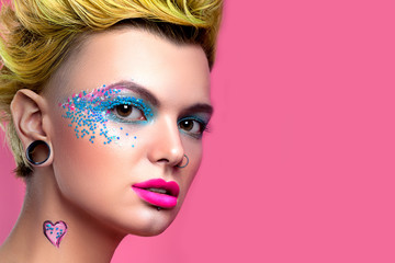 Beautiful girl view in pop art style with bright makeup