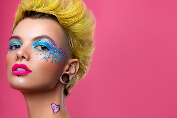 Beautiful girl view in pop art style with bright makeup