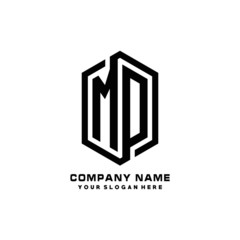MD initials business abstract logo in the shape of a hexagon, with a thick line connected around the letters