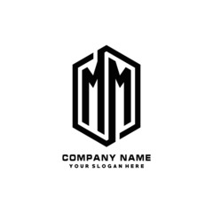 MM initials business abstract logo in the shape of a hexagon, with a thick line connected around the letters