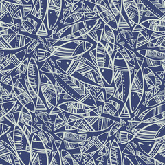 Line art folk-style school of fish seamless pattern