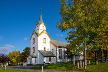 Fototapeta na wymiar Old white wooden church in Sømna municipality in northern Norway