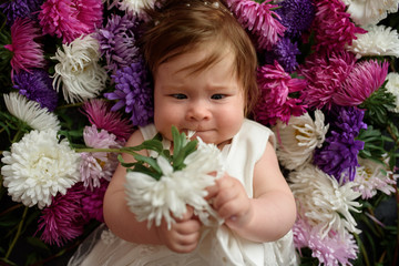 Baby girl in blue dress playing with bunch of pink tulips. Little child at home in sunny nursery. Toddler having fun with flowers