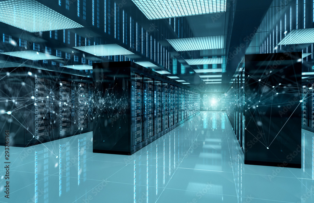 Aufkleber Connection network in servers data center room storage systems 3D rendering