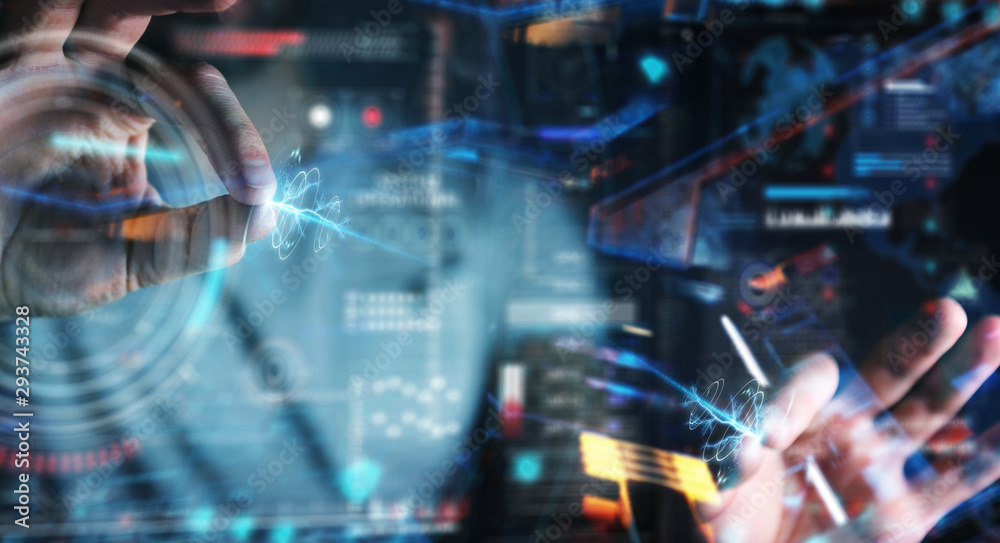 Aufkleber Businessman using digital technological interface with datas 3D rendering