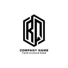 RQ initials business abstract logo in the shape of a hexagon, with a thick line connected around the letters