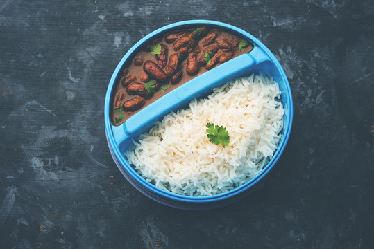 Rajmah / Razma Chawal in tiffin or lunch box, selective focus