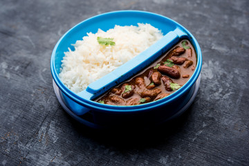 Rajmah / Razma Chawal in tiffin or lunch box, selective focus