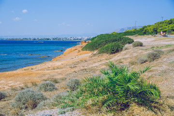 Fototapeta na wymiar City athens, Greek Republic. Greek beach, blue water and turists. 15. Sep. 2019.