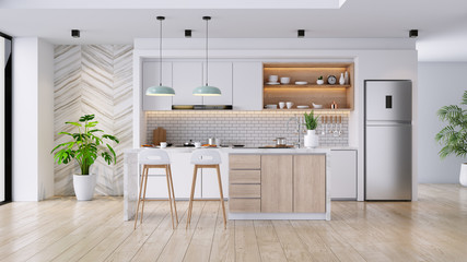 Fototapeta Modern Contemporary  kitchen room interior .white and wood material 3d render obraz