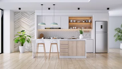 Fotobehang Modern Contemporary  kitchen room interior .white and wood material 3d render © LEKSTOCK 3D
