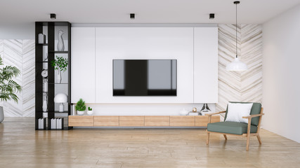  TV cabinet and display with wood flooring and green chair, minimalist and vintage interior of living room,  ,3d rendering - obrazy, fototapety, plakaty