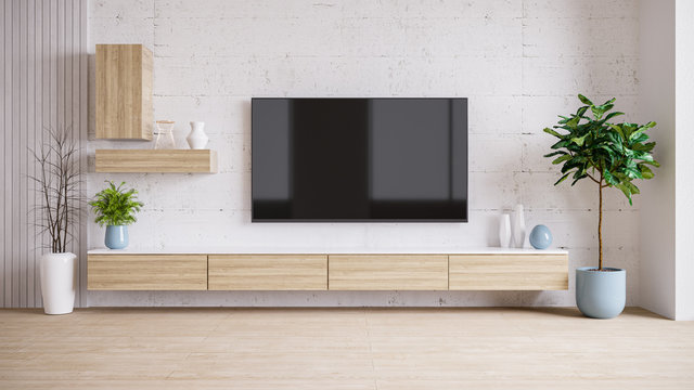  TV cabinet and display with concrete wall and wood flooring . loft interior of living room,  ,3d rendering