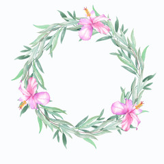 Wreath of eucalyptus branches and hibiscus flower on white background for design.