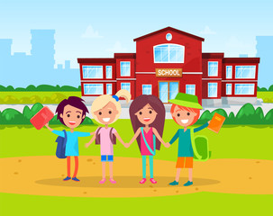 Obraz na płótnie Canvas Kids studying in primary school vector, schoolboy and schoolgirl with books and satchels on shoulders. Education institution for children, classmates. Back to school concept. Flat cartoon
