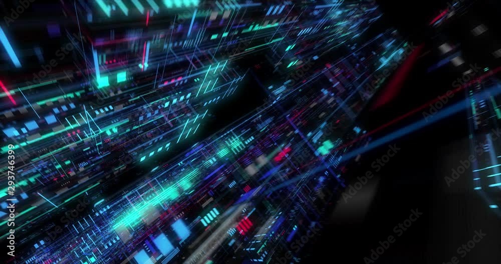 Poster seamless loop of abstract matrix hologram digital data flow. fly through time and space, warp throug