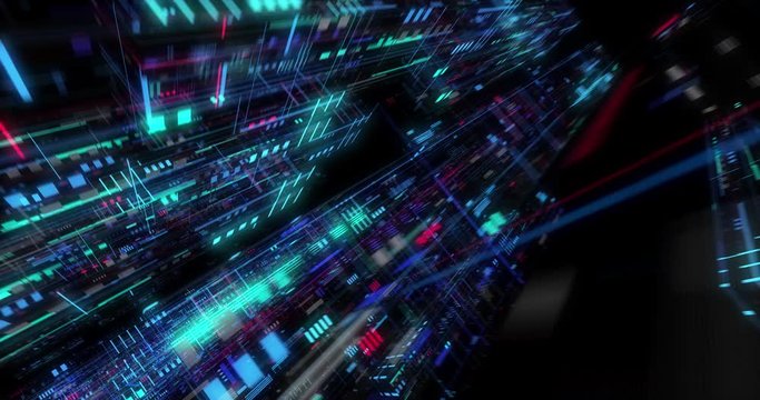 Seamless loop of abstract matrix hologram digital data flow. fly through time and space, warp through science fiction binary code particles network. Science and Technology concept. 3D render