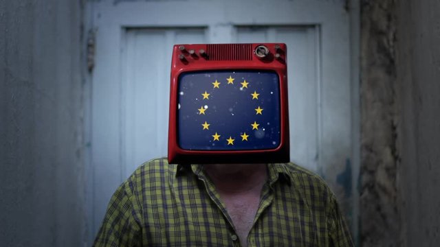Man with TV for a Head: UK and EU Flags Representing Brexit Choices