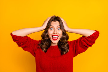 Photo of trendy cheerful fascinating sweet charming girlfriend holding her head with hands screaming with happiness feeling victorious isolated vivid color background