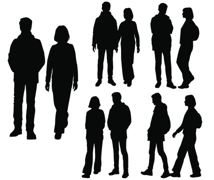 Vector silhouettes of couple  men and a women, a group of standing business people, black color isolated on white background
