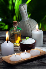 close up view of spa theme objects on color back. 