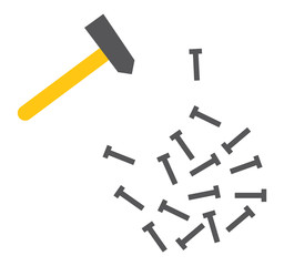 Hammer and nails vector, isolated construction equipment for workers. Workman kit metal objects to joint wooden elements, carpentry handyman flat style