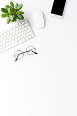 Elegant workspace with business accessories isolated on white background with copyspace. Office...
