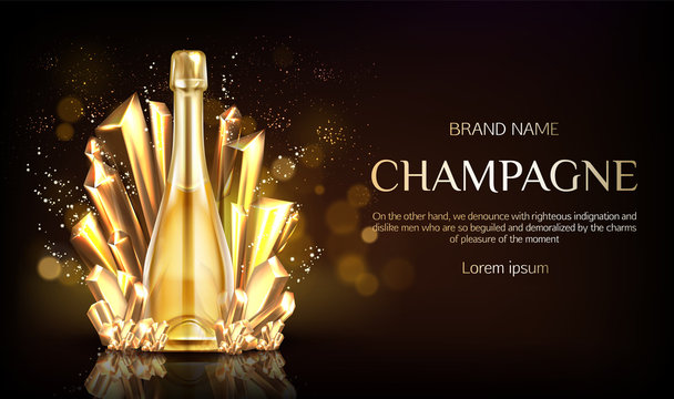 Champagne bottle with gold crystal grains on black blurred background with shining sparkles. Closed blank bubbly flask with sparkling vine drink and cork. Realistic 3d vector illustration, banner.