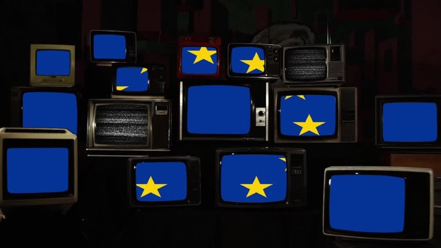 Brexit Yes. Brexit No. Flags of the United Kingdom and the European Union on Retro TVs. Zoom In. 