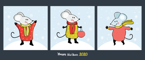 Set of Christmas cards and banners with cute cartoon mice in vector. Funny and happy new year mouse. Hand drawn text Happy New year. Chinese symbol 2020 new year. Christmas decoration.