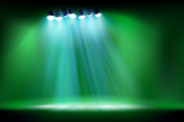 Place for the exhibition illuminated by floodlights. Empty stage before the show. Green background. Vector illustration.