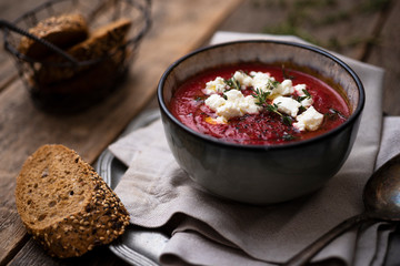 Beetroot and goat cheese soup - obrazy, fototapety, plakaty