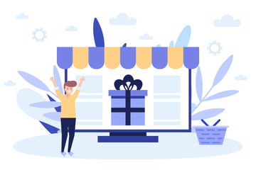 Shopping online, pay by card, special offers and sales.Flat vector illustration isolated on white background. Can use for web banner, infographics, web page.