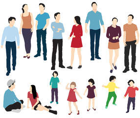Obraz premium Silhouettes of men, women and little girls standing and sitting, cartoon character, group business people, vector illustration, flat designe icon, isolated on white background