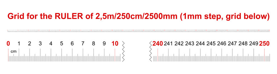 Ruler of 2500 millimeters. Ruler of 250 centimeters. Ruler of 2.5 meters. Calibration grid. 1 mm step, grid below.