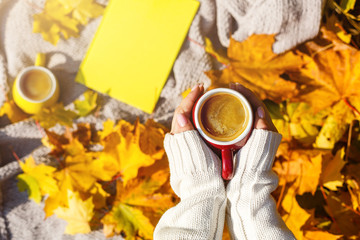 Autumn leaves and hot steaming cup of coffee. Fall season, leisure time and coffee break concept.