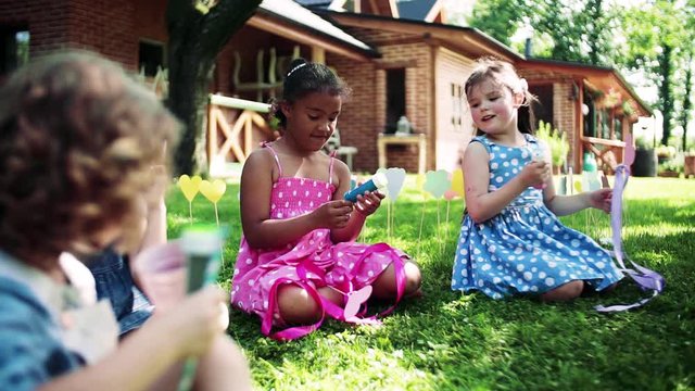 Small girls sitting on ground outdoors in garden in summer, playing.
