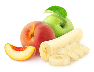 Composite image with whole and cutted fruits: banana, apple and peach isolated on a white background.