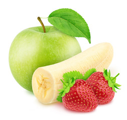 Composite image with whole and cutted fruits and berries: banana, apple and strawberry isolated on a white background.