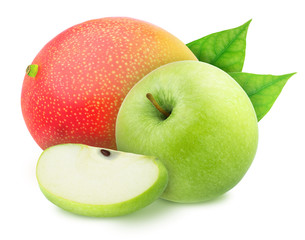Composition with apple and ripe mango isolated on a white background.