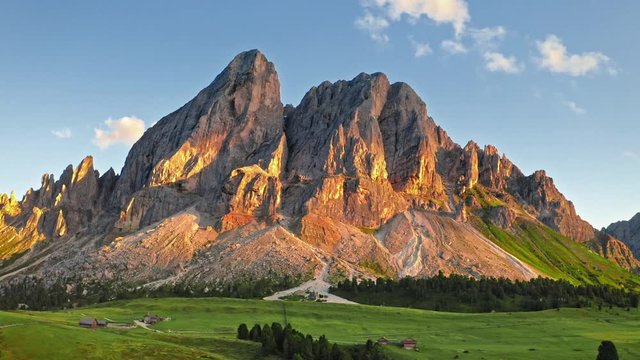 Areal view of Passo delle Erbe in Dolomites at sunset