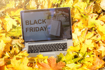 black friday on laptop and autumn leaves