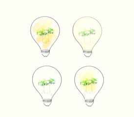 Light bulbs, winter tree with snow in lamp, architecture and landscape Idea and Concept, sign symbol in watercolor style, Vector illustration.