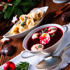 traditional Polish Christmas Eve borscht with dumplings