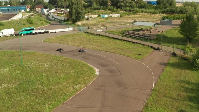 Kiev, Ukraine-September 2019: race track seagull go-kart on the road Issue Drone view 4K
