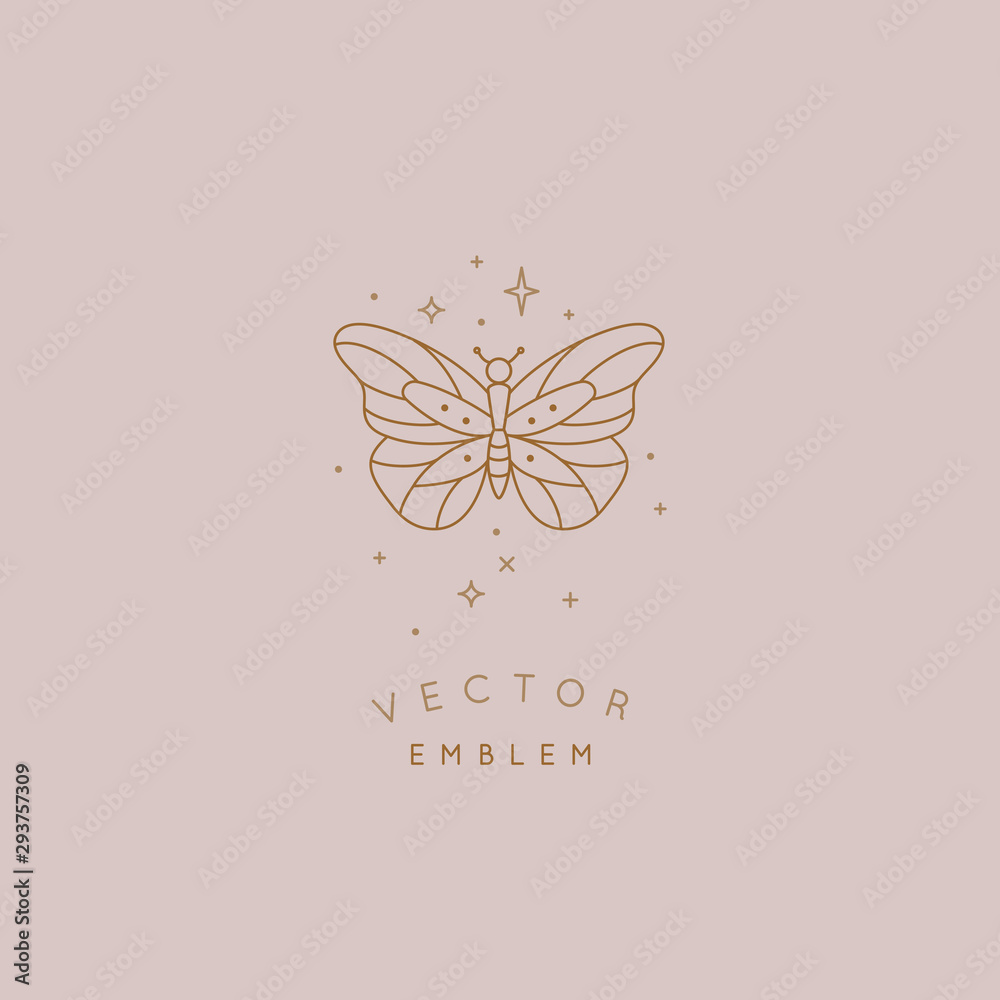 Poster Vector abstract logo design template in trendy linear minimal style - butterfly and stars